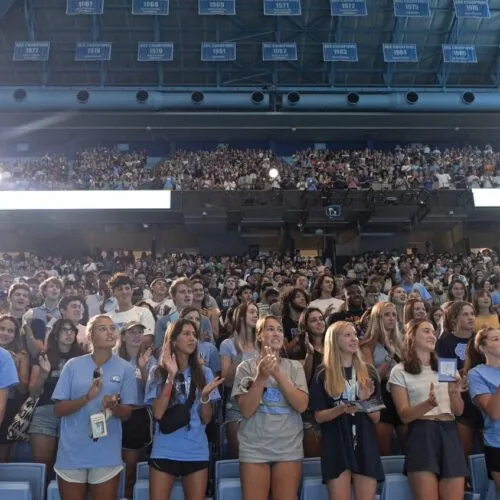 UNC Students at orientation in Kenan Flagler Stadium.